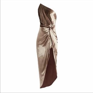 MICHELLE MASON Silk Twist-Knot Asymmetrical One-Shoulder Midi Dress Gold 6
